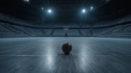 Basketball court with hoop, seating ideal for sports themed designs, social media posts, blog articles, and basketball event flyers.