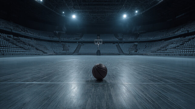Basketball court with hoop, seating ideal for sports themed designs, social media posts, blog articles, and basketball event flyers.