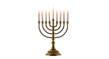 Hanukkah menorah with nine lit candles isolated PNG with Transparent Background