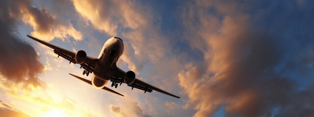 White passenger airplane soaring high above the clouds, gliding through a vibrant sunset filled with dramatic orange and yellow hues