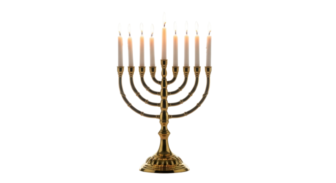 Hanukkah menorah with nine lit candles isolated PNG with Transparent Background - Powered by Adobe