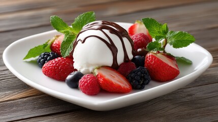 Delicious ice cream scoop topped with chocolate sauce surrounded by fresh berries and mint leaves on wooden table