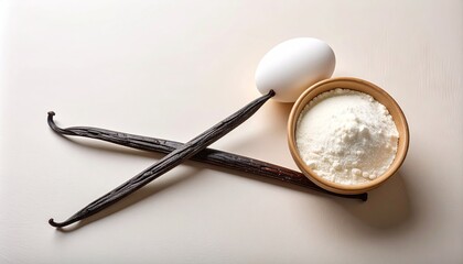 Baking Ingredients: Flour, Vanilla Beans, and Egg on Neutral Background