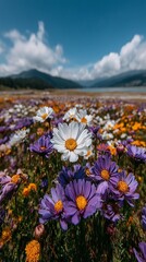 Obraz premium Dreamy blooming flower field under bright sunshine and blue sky with white clouds, soft pastel daisies, magical fairy tale atmosphere.