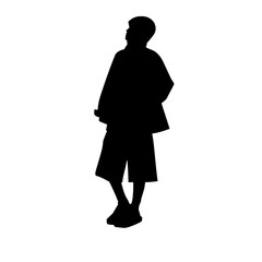 Silhouette of a relaxed wom standing casually with hands in pockets, wearing loose shorts and a jacket. Minimalist black design perfect for fashion, streetwear, lifestyle, or modern illustration theme