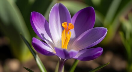 Close Up of a Vibrant Purple Crocus Flower Blooming in Spring.