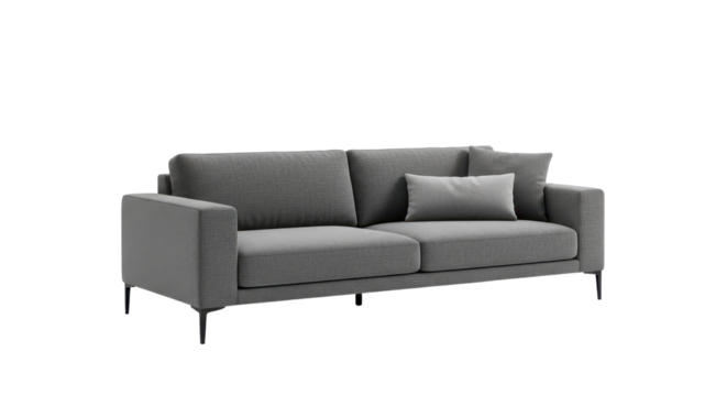 Modern gray sofa with pillows for living room isolated PNG with Transparent Background