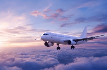 Obraz premium Commercial jet soaring above a breathtaking sunset, surrounded by colorful clouds, creating a picturesque and tranquil evening sky