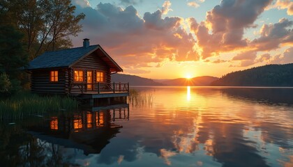 Fototapeta premium Wooden cabin by lake at sunset, serene water reflection. Warm lights glow from windows. Hills covered in forest form scenic landscape. Golden hour light paints sky with orange, red hues. Peaceful