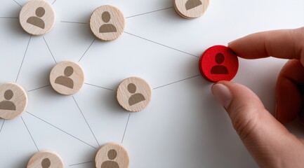 Hand is picking red wooden pawn representing leader, manager or CEO from network of connected people