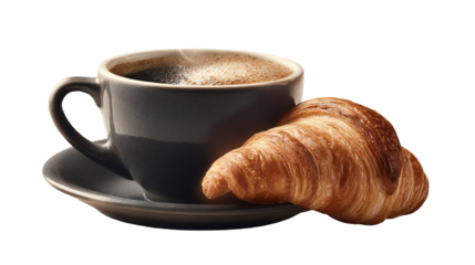 cup of coffee and croissant isolated on transparent white background
