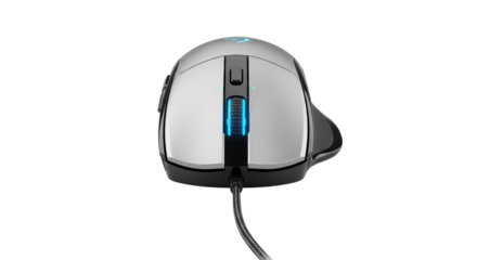 Ergonomic computer mouse with blue lights for gaming and design isolated PNG with Transparent Background