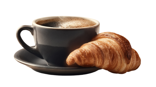cup of coffee and croissant isolated on transparent white background