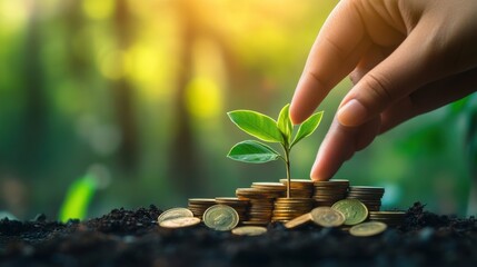 a plant growing from a pile of coins, symbolizing wealth growth through smart investments, on blurred background