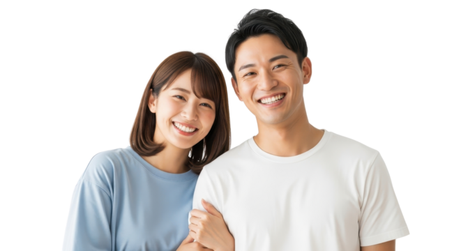 Happy smiling young Asian couple portrait isolated PNG with Transparent Background
