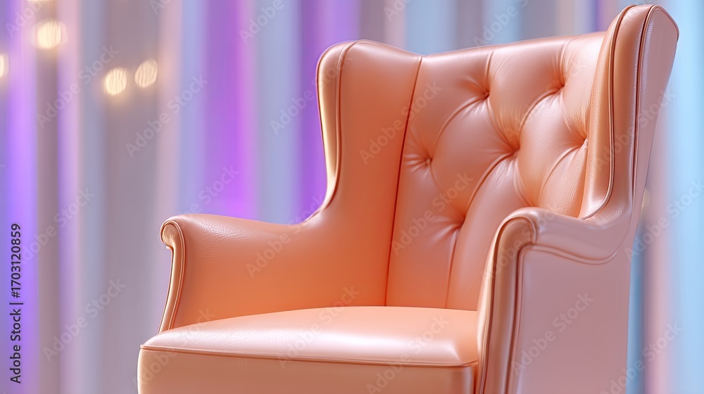 Poster elegant and modern upholstered armchair in soft peach tone with button-tufted backrest on colorful b