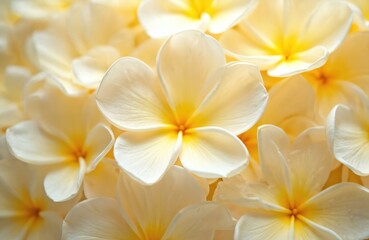 Naklejka premium Close-up of scattered pale yellow and white plumeria flower petals. Vibrant textured background with soft pastel colors. Delicate organic floral arrangement displays natural beauty and symmetry.