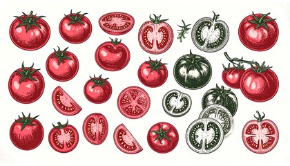 Collection of illustrated tomatoes, whole and sliced
