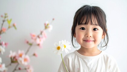 可愛い日本人の子供、女の子と花