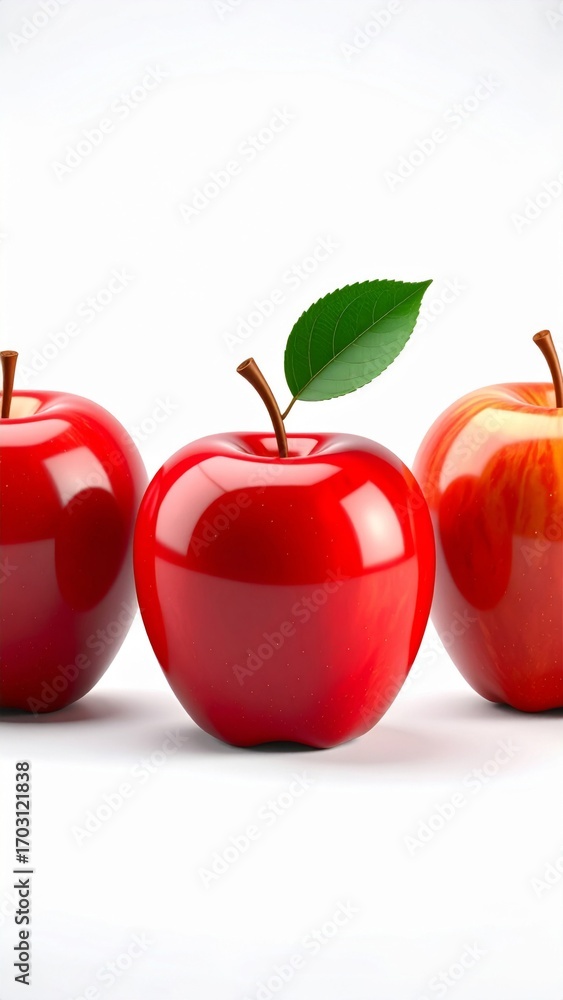 Poster three red apples with leaf on top in a bright white background with studio lighting