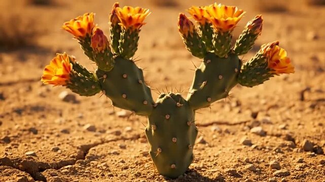 Time-lapse of a cactus growing and blooming with flowers in the dry desert