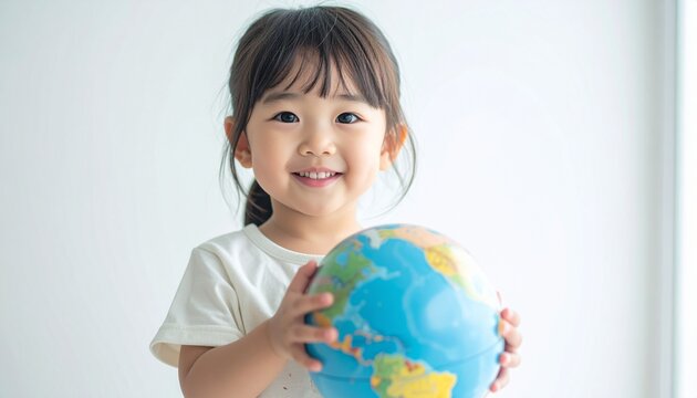 地球儀を持つかわいい笑顔の子供