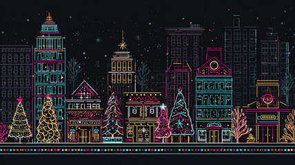 Vibrant vector illustration of cityscape during Christmas, featuring colorful neon outlines of buildings and decorated trees against dark background, evoking festive atmosphere