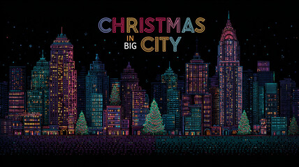 Vibrant city skyline at night is adorned with colorful Christmas lights and decorated trees, creating festive holiday atmosphere. scene captures essence of Christmas in bustling urban setting