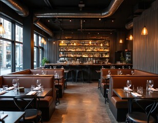 Modern industrial style restaurant interior features dark colors, plush leather booths, well-stocked bar with ambient lighting. Empty tables set for dining create luxurious, contemporary atmosphere.