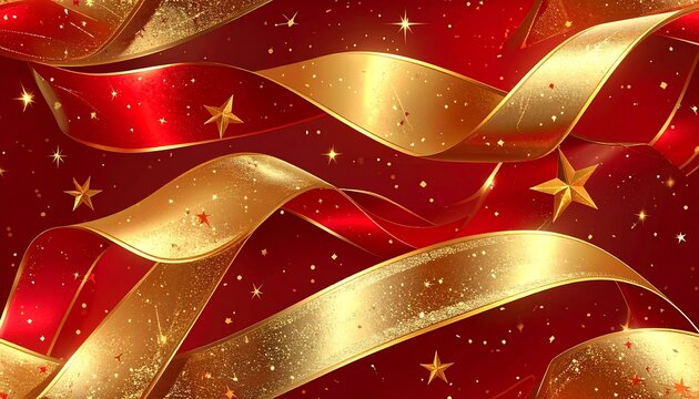 Red and gold ribbons curl elegantly against a speckled backdrop, adorned with scattered stars - Powered by Adobe