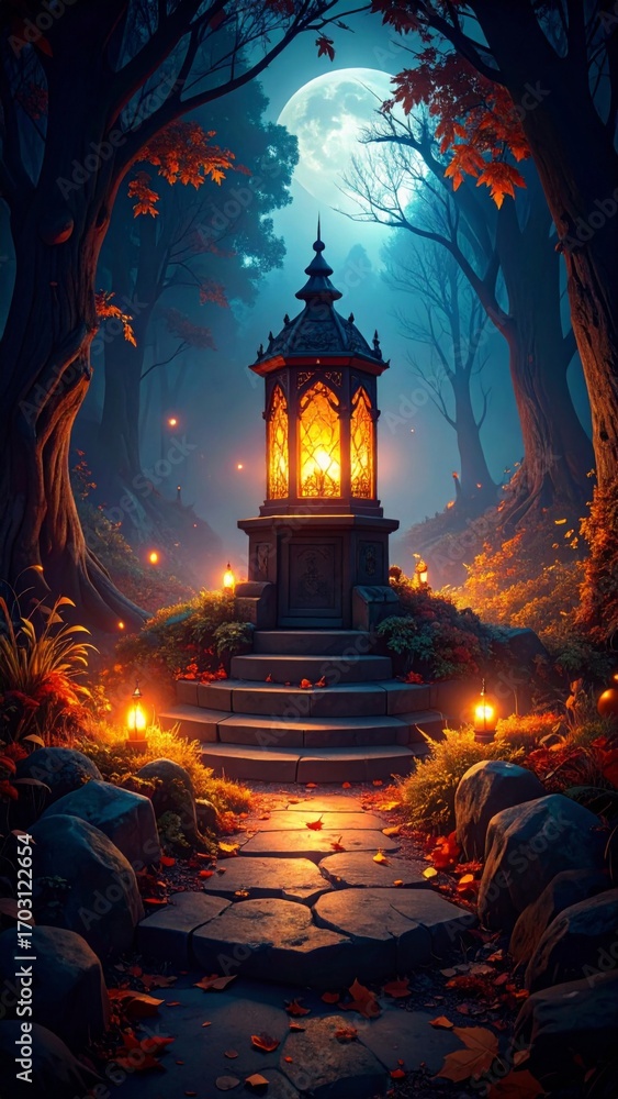 Poster Pixel Art Image of an Illuminated Lantern on Stone Steps Under a Moonlight in Autumn Forest