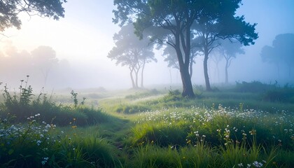 夏の朝の森の霧