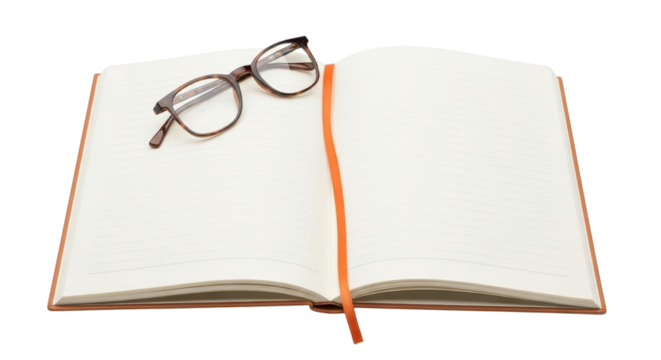 Open notebook with glasses for writing and planning isolated PNG with Transparent Background