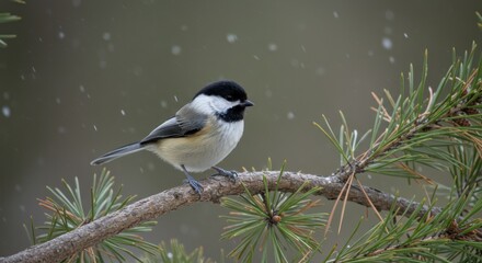 Obraz premium A charming little Black-capped Chickadee songbird perched on an evergreen bough during a beautiful winter snowstorm