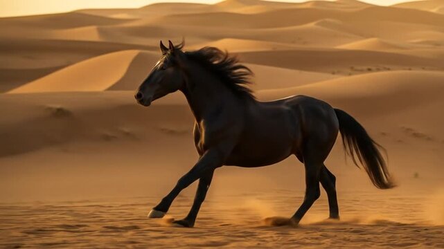 Dark horse in golden desert landscape