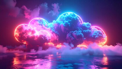 Neon clouds float above a reflective surface under a starry sky
