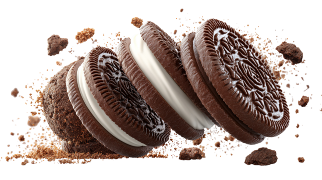 lying Oreo cookies with crumbs isolated on transparent white background,