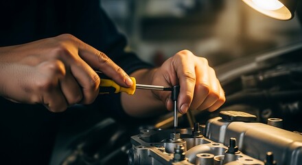 Naklejka premium Close-up hands repairing engine with screwdriver in automotive workshop