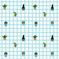 Cute Cactus on Gingham ,Scott ,Geometric seamless pattern. Texture from rhombus,squares for dress, fabric, paper,clothes,tablecloth.,net, grid.Copy space for your text and your business.
