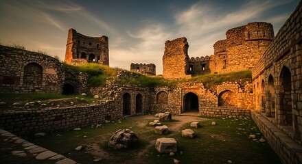Ancient ruins of a historic fort under a dramatic sky at sunset, showcasing weathered stone walls and archways.