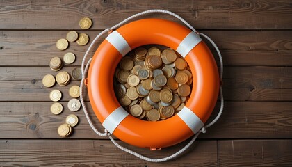 Overhead shot of coins inside a vibrant orange life preserver on a weathered wooden surface
