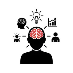 Person with a brain and ideas surrounded by lightbulb graph and people icons representing intelligence innovation and teamwork