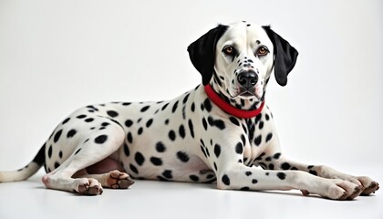 Purebred Dalmatian dog with distinctive black spots lies on white background, wearing red collar. Coat immaculate white, contrasting with black markings on ears, face. Portrait captures breed unique