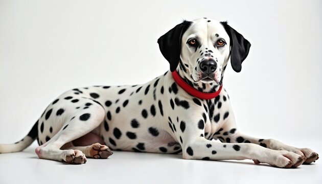 Purebred Dalmatian dog with distinctive black spots lies on white background, wearing red collar. Coat immaculate white, contrasting with black markings on ears, face. Portrait captures breed unique