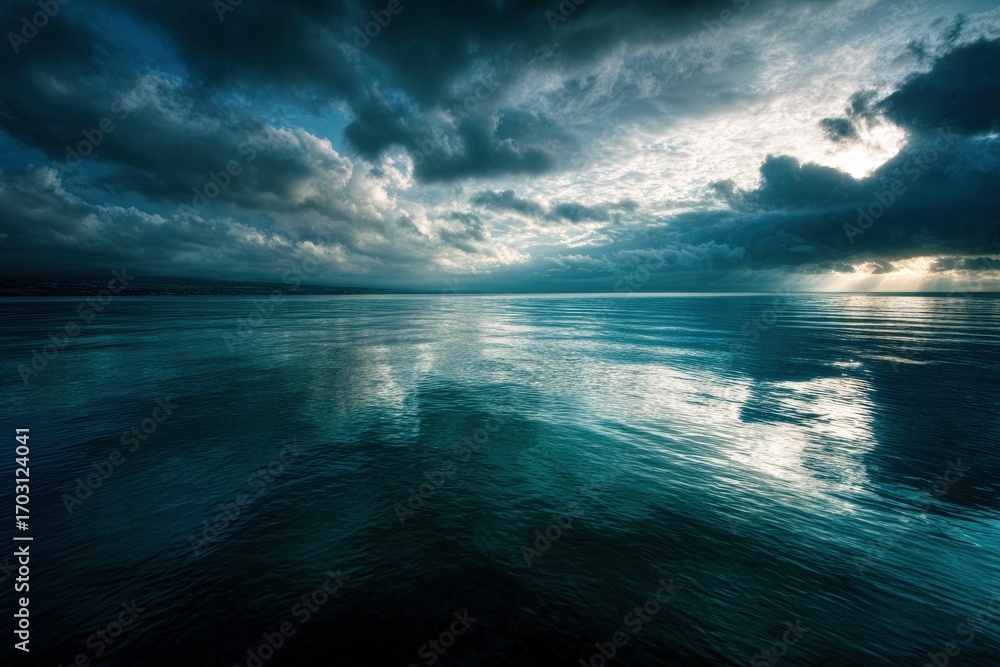 Poster rays of golden light filtering through dark clouds create a stunning reflection on the calm ocean su