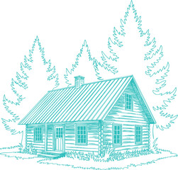 Vintage Teal Log Cabin and Pine Trees Illustration Graphic. A Rustic Nature-themed Design for Cottagecore