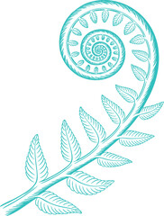  Vintage Teal Fern Fiddlehead Illustration Graphic. A Rustic Nature-themed Design for a Cozy Scene