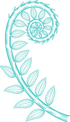 Vintage Teal Uncurling Fern Fiddlehead Illustration Graphic. A Rustic Nature-themed Design for Cottagecore
