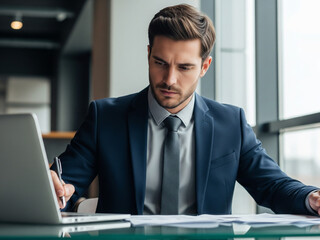 Combination of formal suit and laptop reflects professional business.