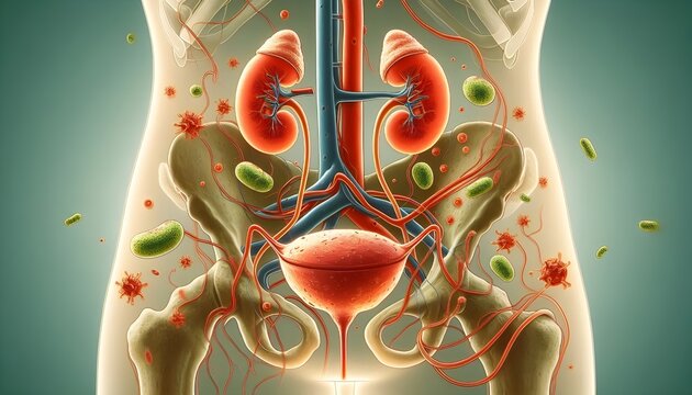 Urinary Tract Infection or UTI anatomy caused by bacteria as E coli with the kidneys ureters bladder and the urethra as Urethritis Cystitis Pyelonephritis and Ureteritis